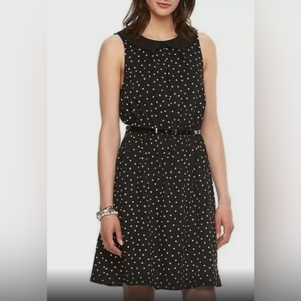 Elle Polka Dot Sleeveless Black And White Lined Mini Dress with Bow Belt Sz XS
